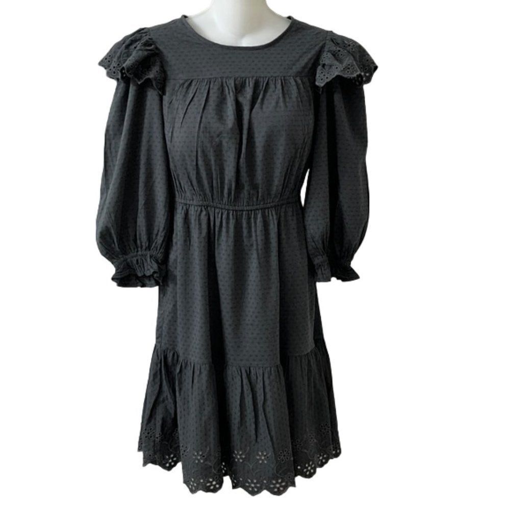 Universal Thread Gray Puff Sleeve Eyelet Prairie Dress Cottagecore NWOT
